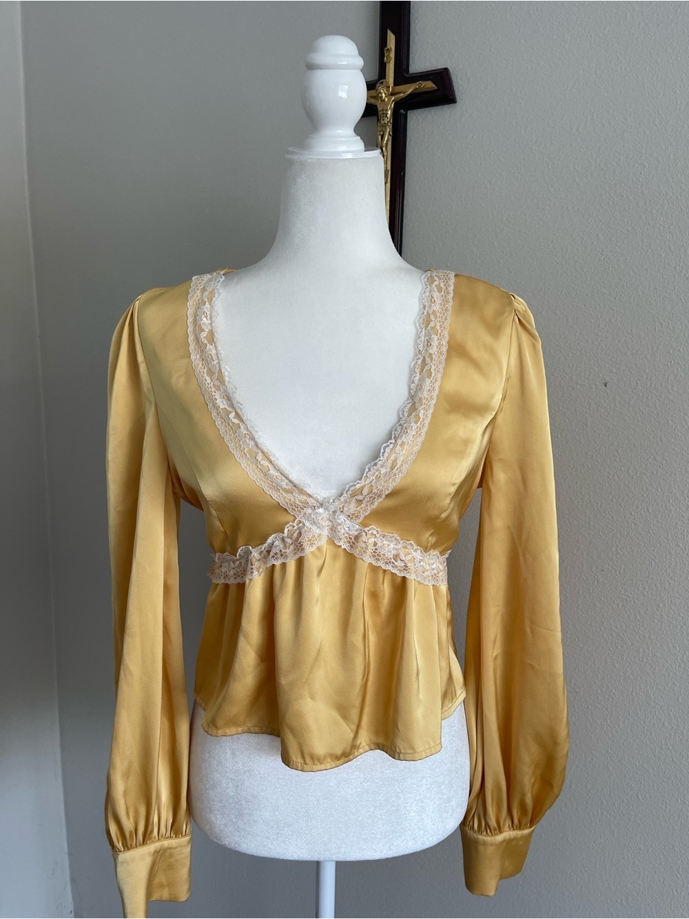 Gold Satin Lace-Trim V-Neck Blouse